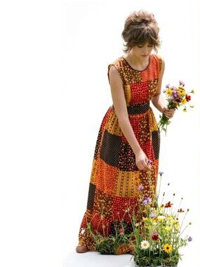 VTG 70s JAPAN Pinafore Calico Patchwork Boho DESIGN HOUSE Prairie Dress Apron OS